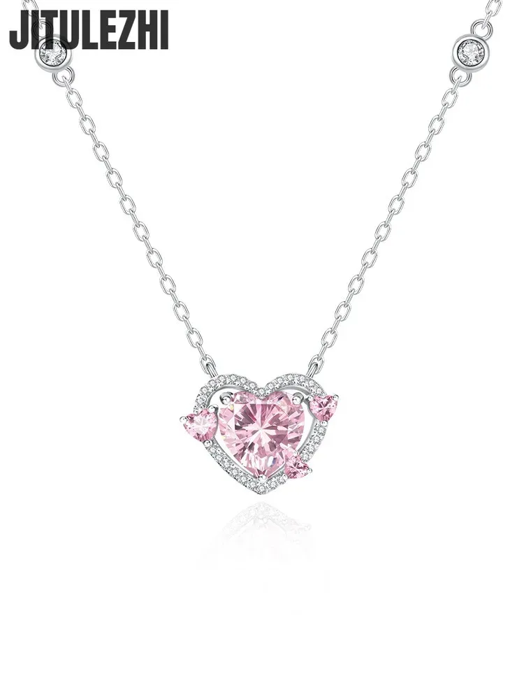 925 Sterling Silver Heart Pendant Necklace for Women, Pink Stone Engagement Wedding Party Jewelry - Image 1
