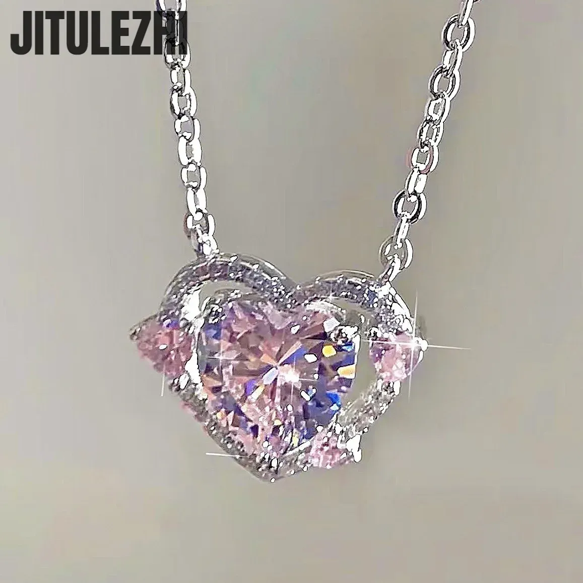 925 Sterling Silver Heart Pendant Necklace for Women, Pink Stone Engagement Wedding Party Jewelry - Image 2