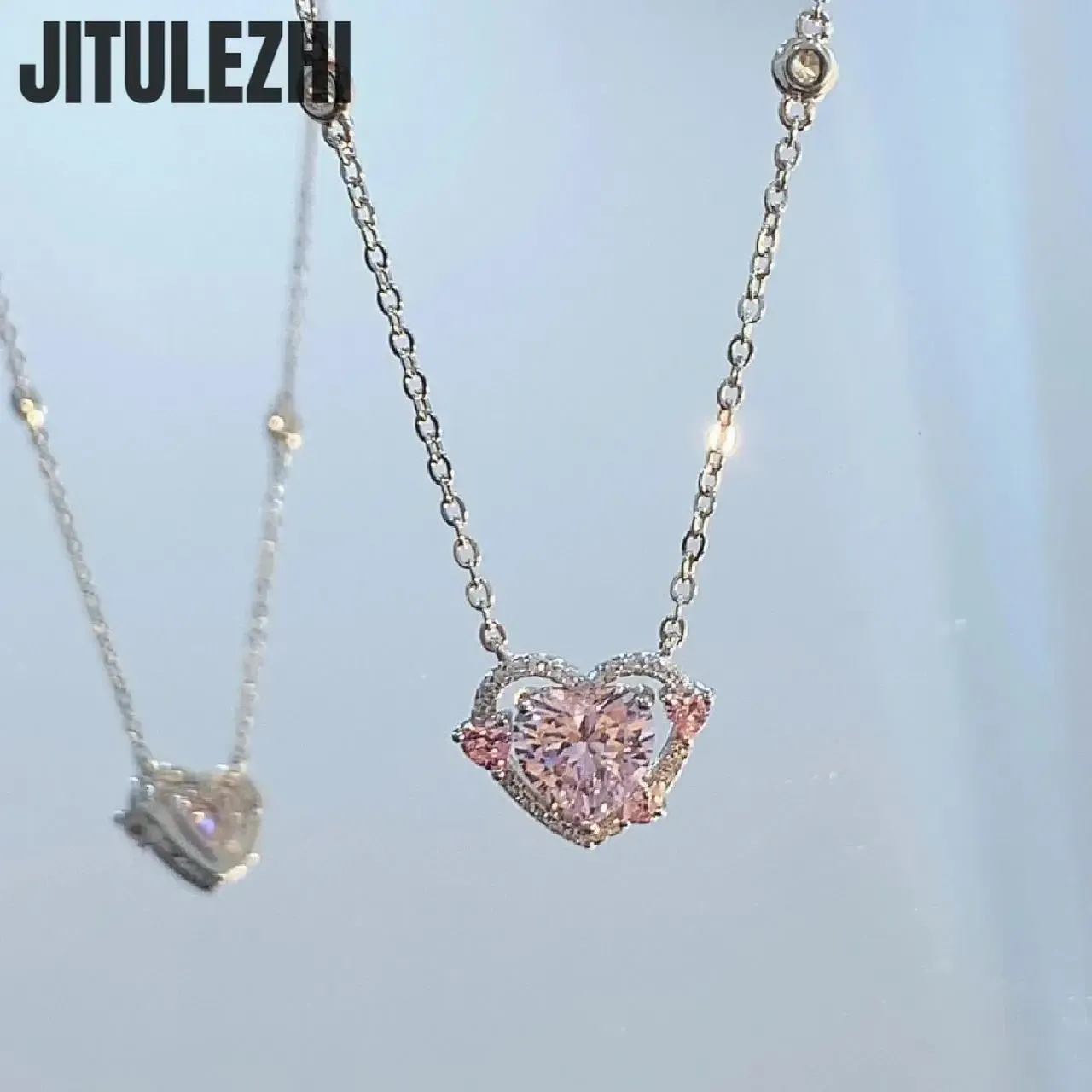 925 Sterling Silver Heart Pendant Necklace for Women, Pink Stone Engagement Wedding Party Jewelry - Image 5