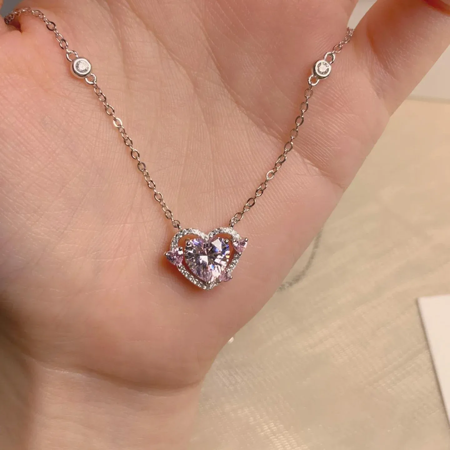 925 Sterling Silver Heart Pendant Necklace for Women, Pink Stone Engagement Wedding Party Jewelry - Image 6
