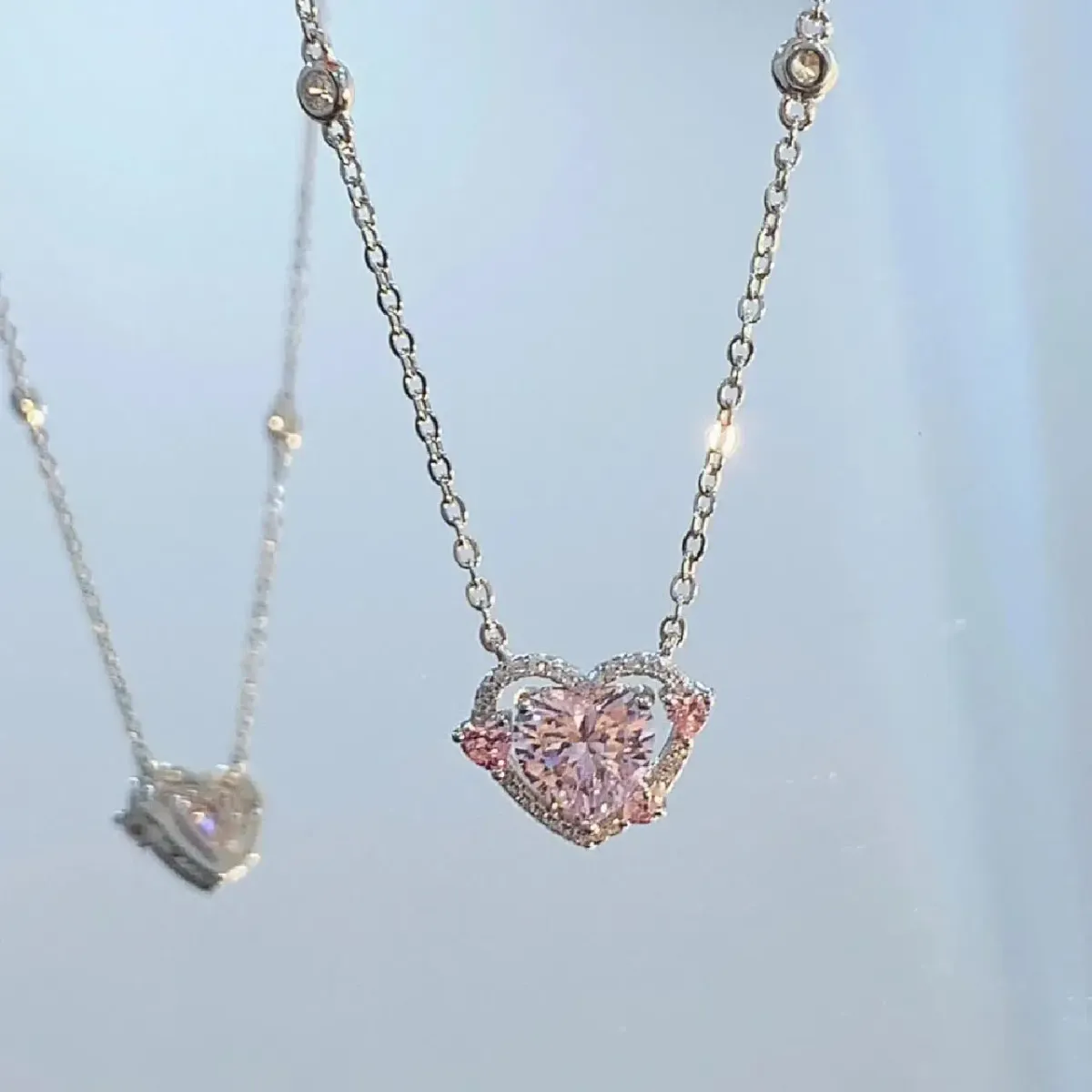925 Sterling Silver Heart Pendant Necklace for Women, Pink Stone Engagement Wedding Party Jewelry showcase 1