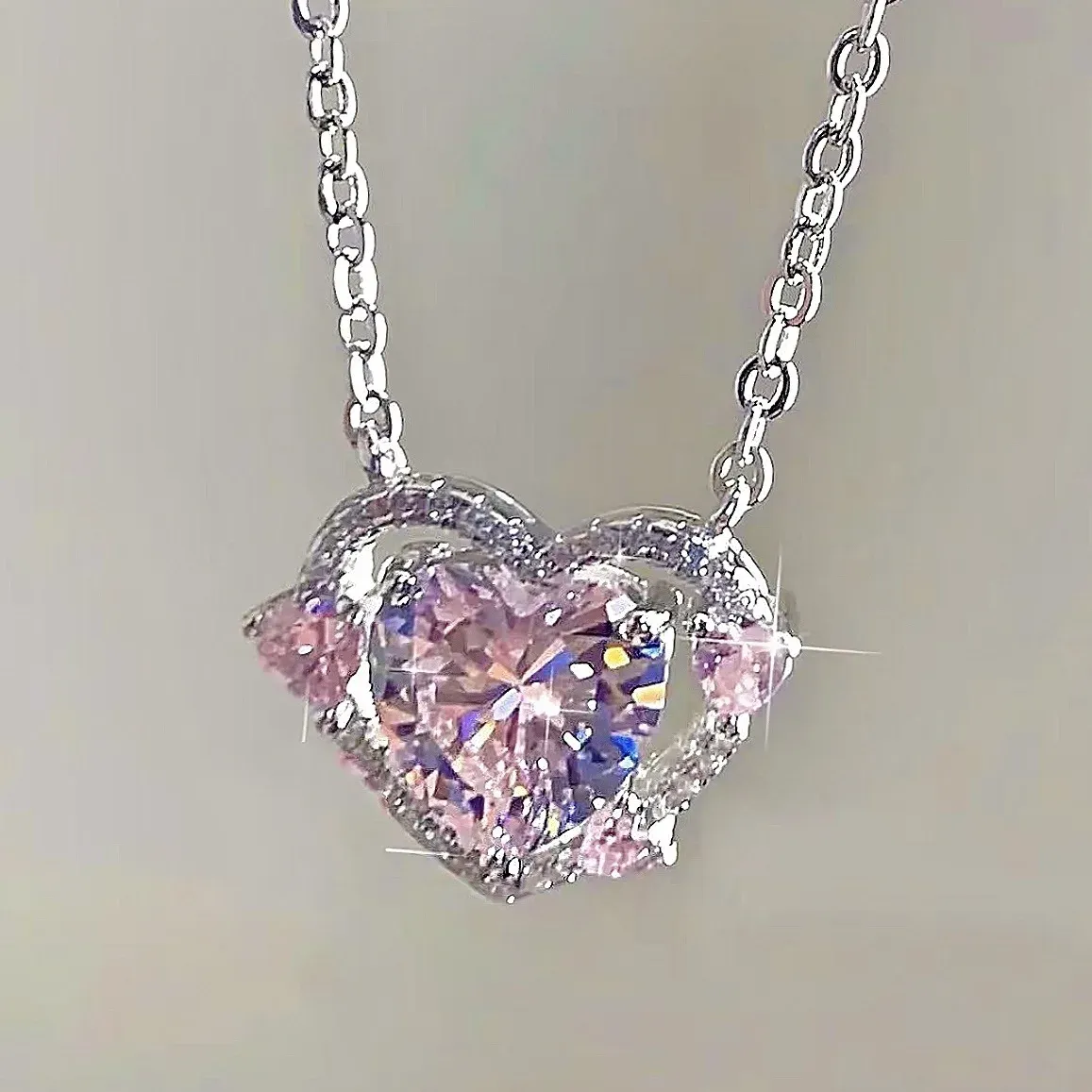 925 Sterling Silver Heart Pendant Necklace for Women, Pink Stone Engagement Wedding Party Jewelry showcase 2