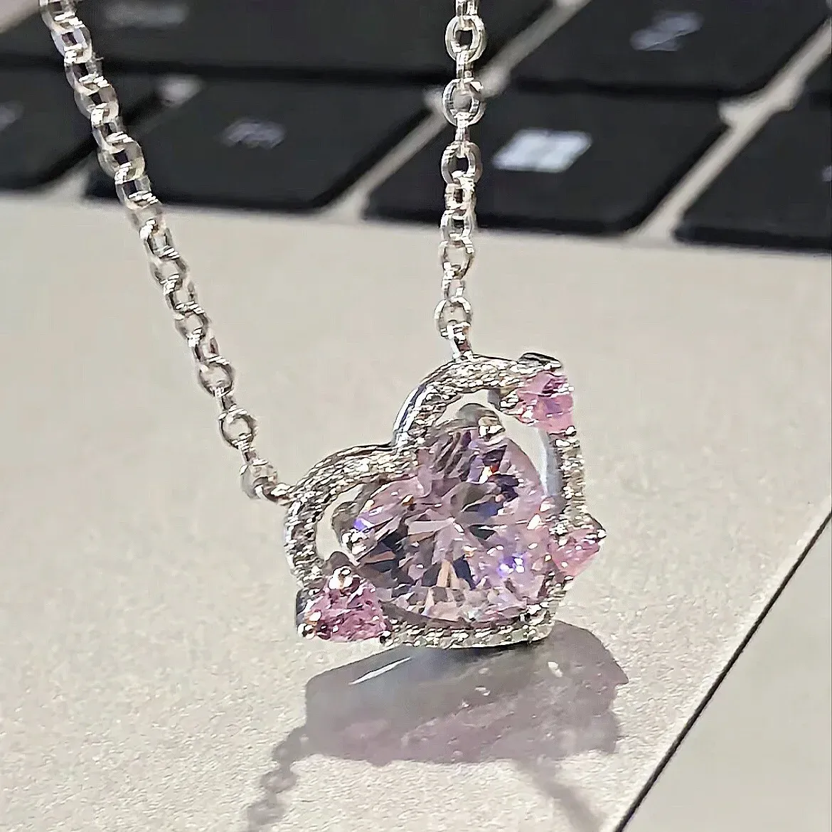 925 Sterling Silver Heart Pendant Necklace for Women, Pink Stone Engagement Wedding Party Jewelry showcase 3