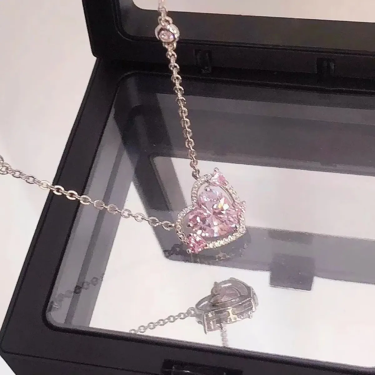 925 Sterling Silver Heart Pendant Necklace for Women, Pink Stone Engagement Wedding Party Jewelry showcase 4