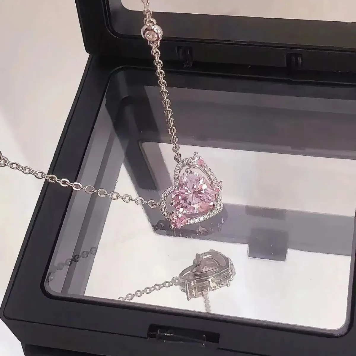 925 Sterling Silver Heart Pendant Necklace for Women, Pink Stone Engagement Wedding Party Jewelry showcase 5