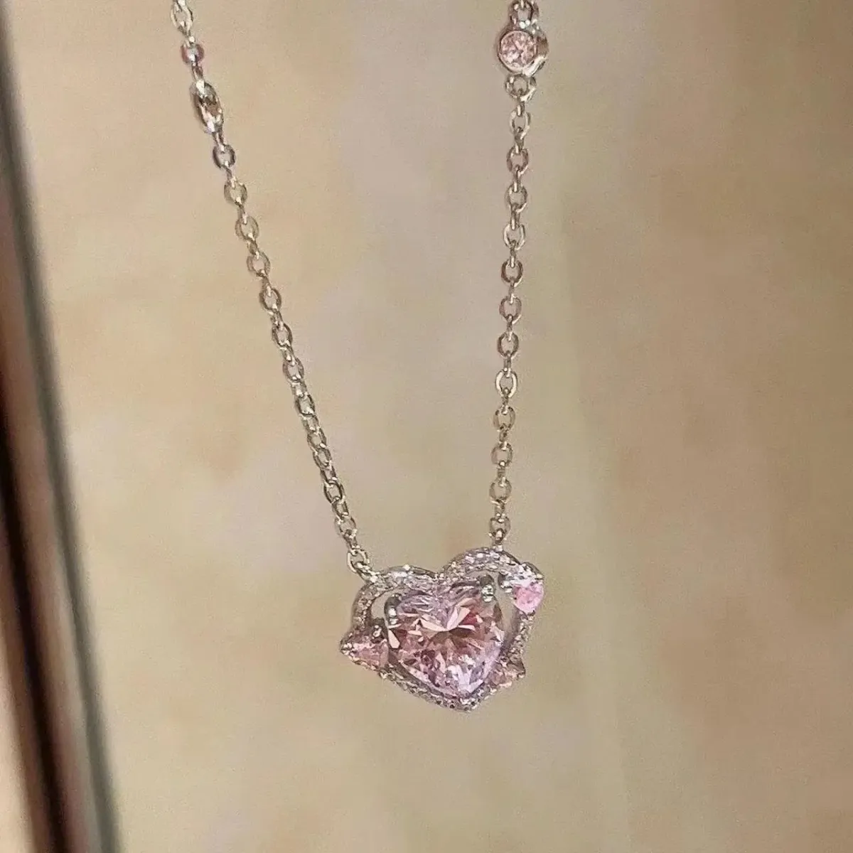 925 Sterling Silver Heart Pendant Necklace for Women, Pink Stone Engagement Wedding Party Jewelry showcase 6