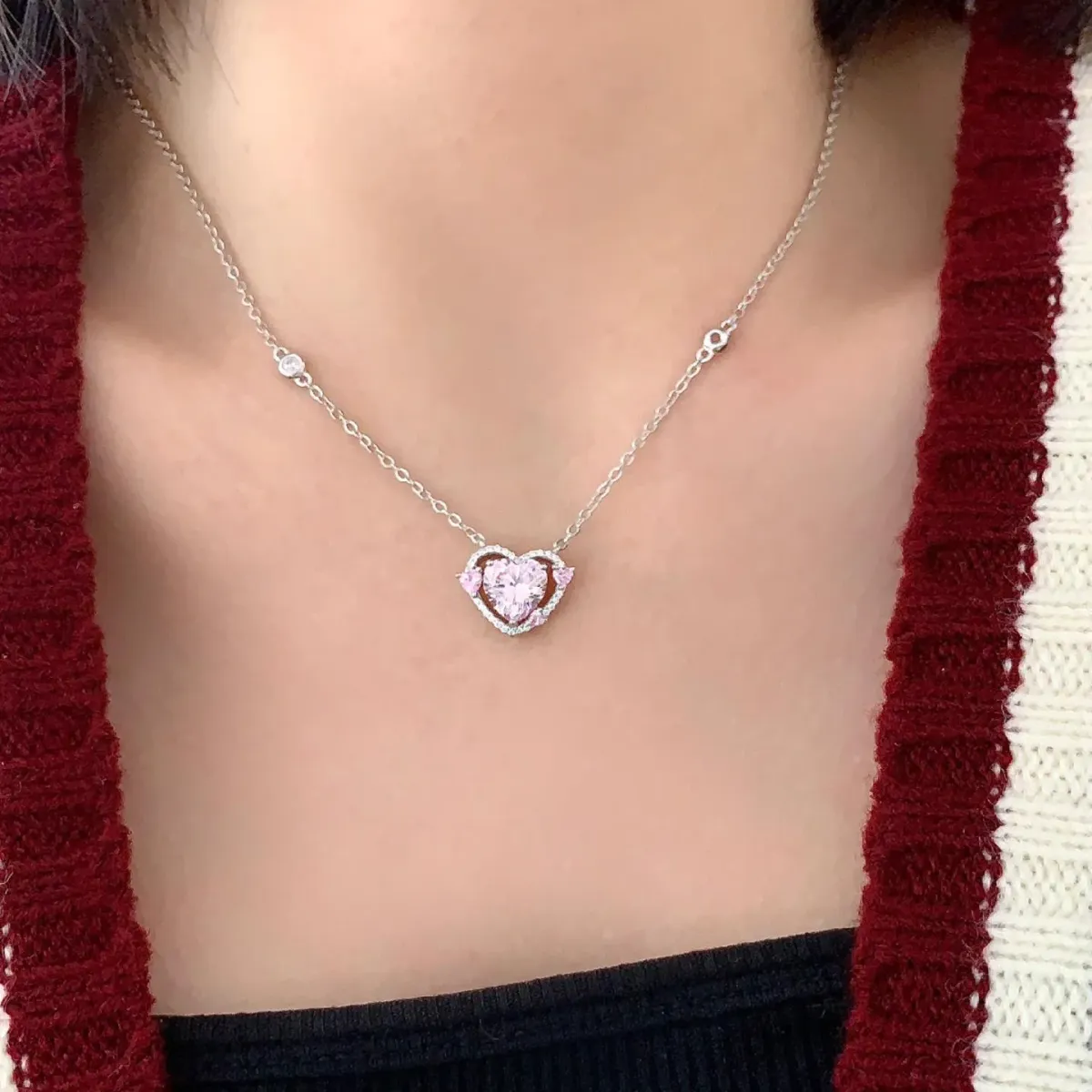925 Sterling Silver Heart Pendant Necklace for Women, Pink Stone Engagement Wedding Party Jewelry showcase 9