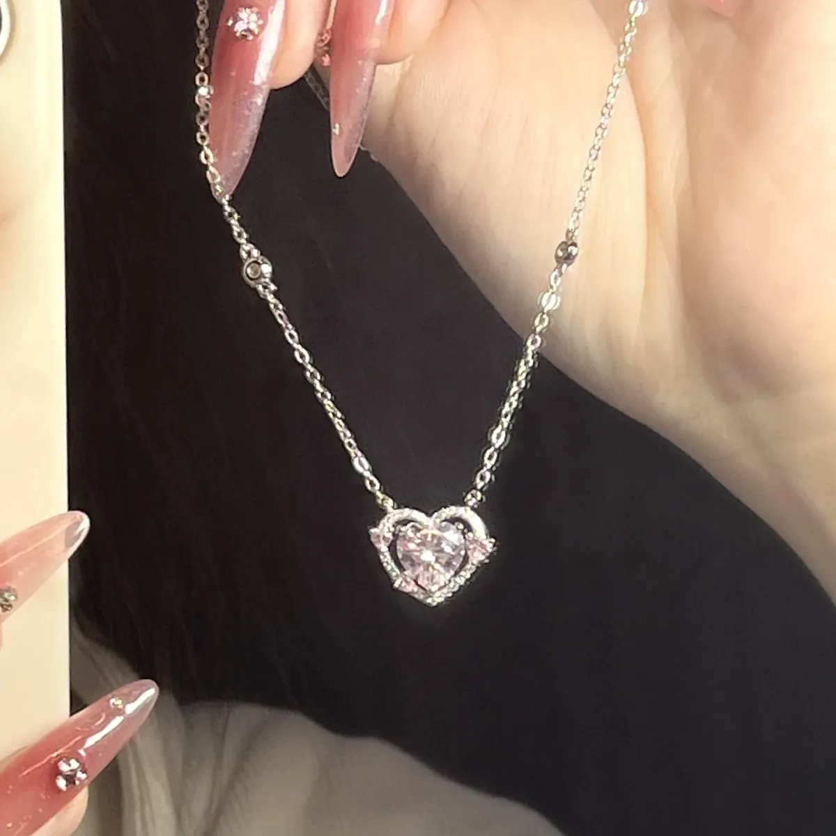 925 Sterling Silver Heart Pendant Necklace for Women, Pink Stone Engagement Wedding Party Jewelry showcase 15