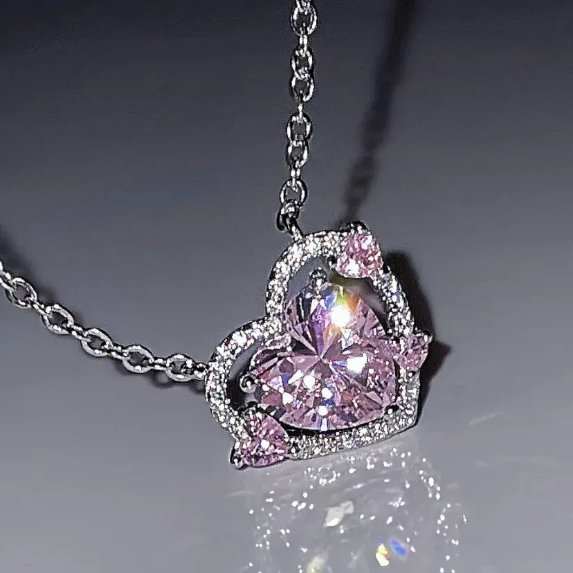 925 Sterling Silver Heart Pendant Necklace for Women, Pink Stone Engagement Wedding Party Jewelry showcase 16