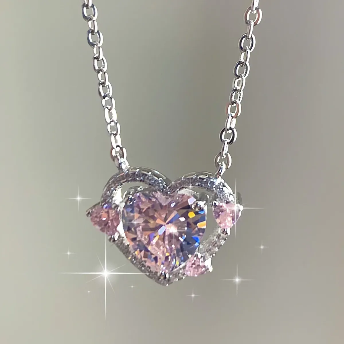 925 Sterling Silver Heart Pendant Necklace for Women, Pink Stone Engagement Wedding Party Jewelry showcase 17