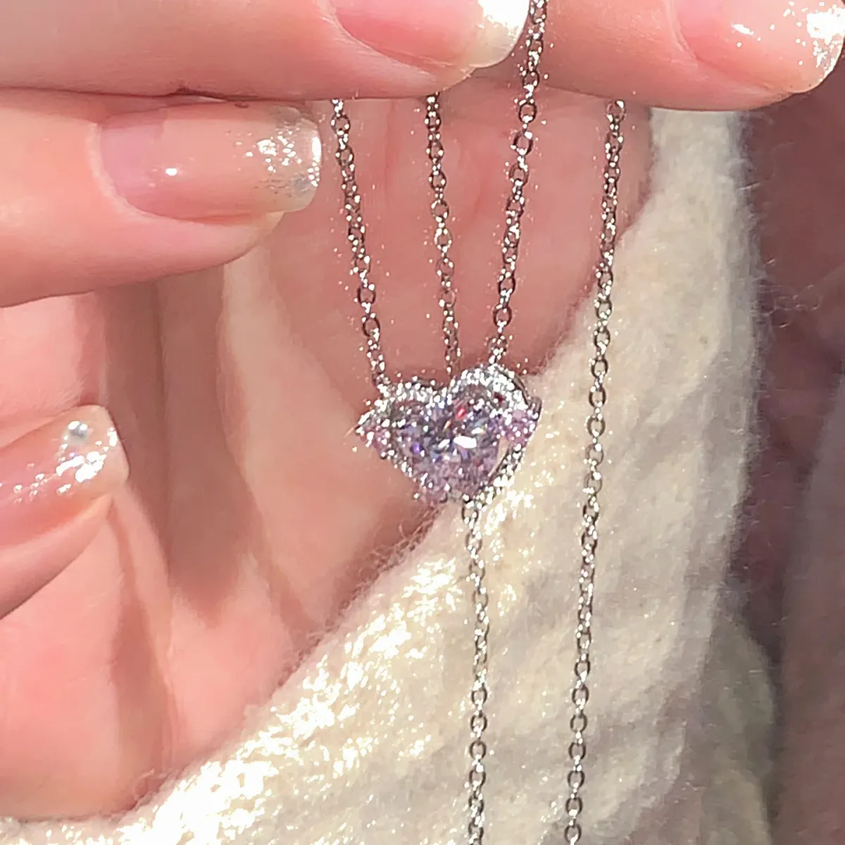 925 Sterling Silver Heart Pendant Necklace for Women, Pink Stone Engagement Wedding Party Jewelry showcase 18