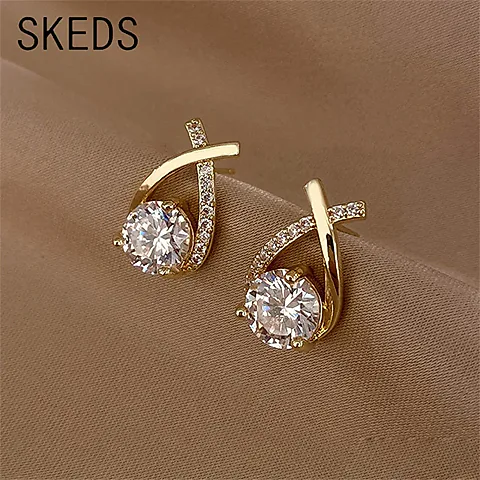 SKEDS Korean Style Elegant Crystal Cross Stud Earrings for Women & Girls | Fashionable Fishtail Design | Dazzling Crystal Jewelry | Perfect Gift for Her