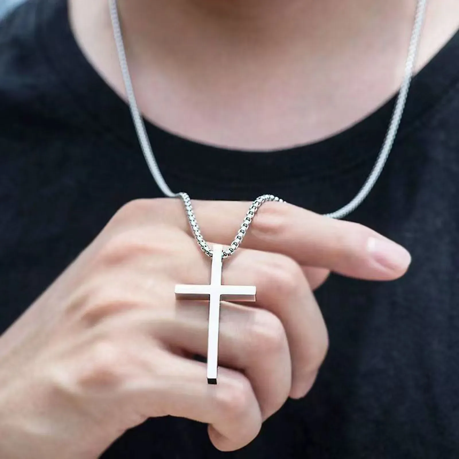 Vnox Men's & Women's Silver Cross Necklace, Stainless Steel Box Chain Pendant, Religious Jewelry Gift thumbnail 3