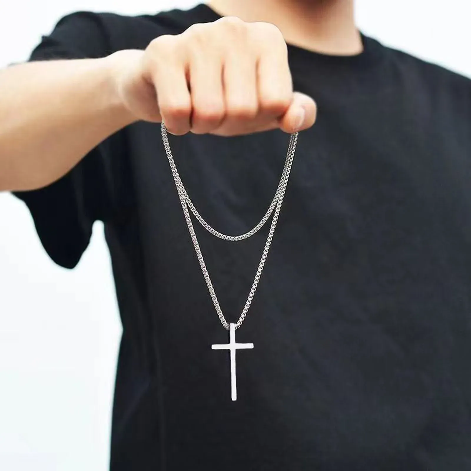 Vnox Men's & Women's Silver Cross Necklace, Stainless Steel Box Chain Pendant, Religious Jewelry Gift thumbnail 2
