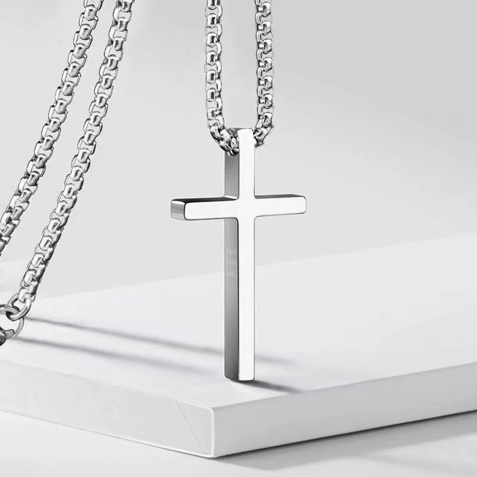 Vnox Men's & Women's Silver Cross Necklace, Stainless Steel Box Chain Pendant, Religious Jewelry Gift thumbnail 6