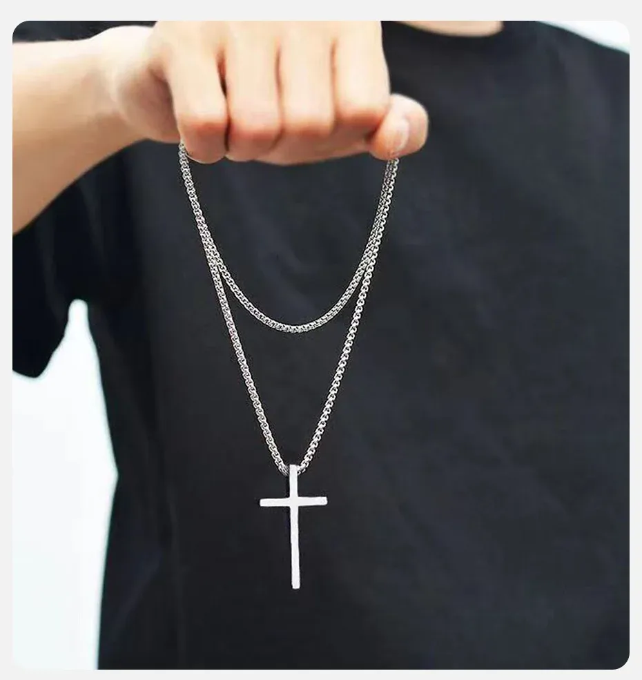 Vnox Men's & Women's Silver Cross Necklace, Stainless Steel Box Chain Pendant, Religious Jewelry Gift showcase 2