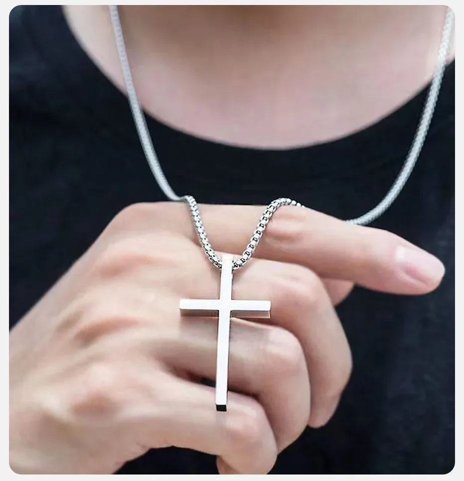 Vnox Men's & Women's Silver Cross Necklace, Stainless Steel Box Chain Pendant, Religious Jewelry Gift showcase 3