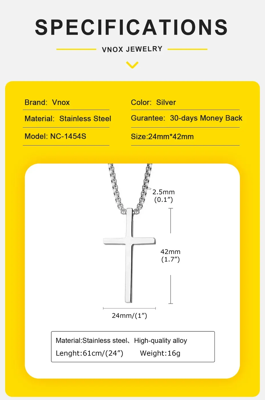 Vnox Men's & Women's Silver Cross Necklace, Stainless Steel Box Chain Pendant, Religious Jewelry Gift showcase 4