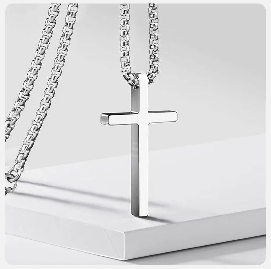 Vnox Men's & Women's Silver Cross Necklace, Stainless Steel Box Chain Pendant, Religious Jewelry Gift showcase 5