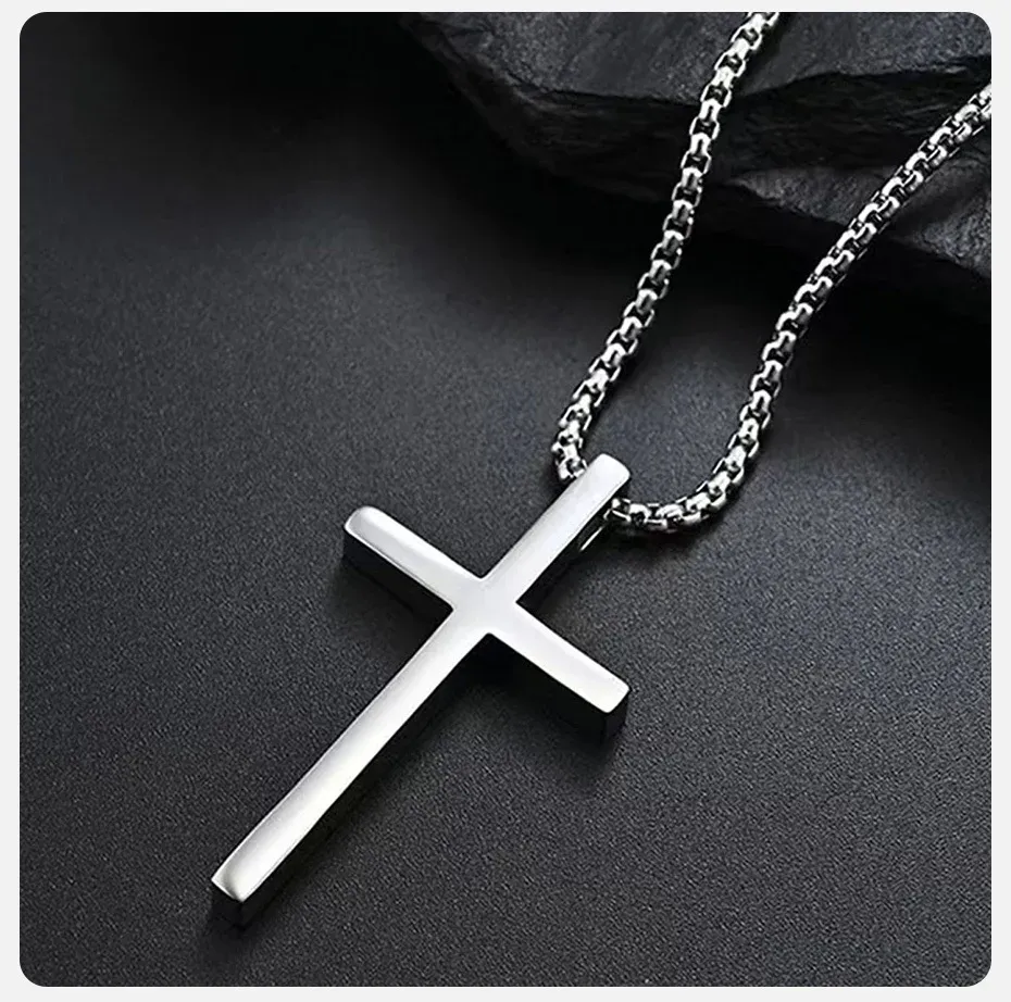 Vnox Men's & Women's Silver Cross Necklace, Stainless Steel Box Chain Pendant, Religious Jewelry Gift showcase 6