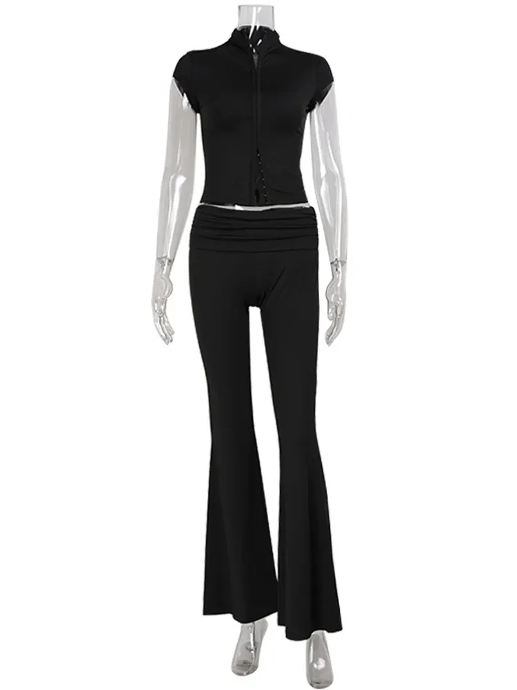 CNYISHE Women's Fashion Lace Buckle Half High Collar Short Sleeve Chic Tees and Sexy Pants Set - Trendy Solid Female Suits for a Stylish Look - Image 6