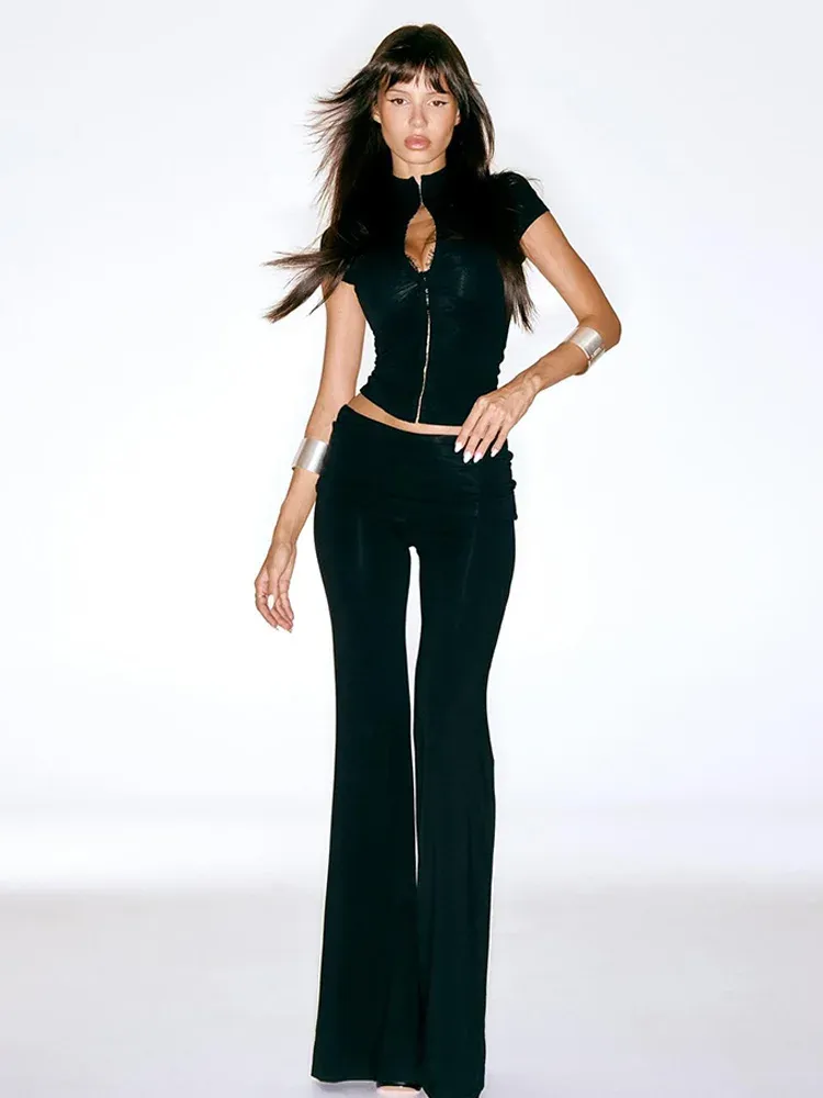 CNYISHE Women's Fashion Lace Buckle Half High Collar Short Sleeve Chic Tees and Sexy Pants Set - Trendy Solid Female Suits for a Stylish Look showcase 6