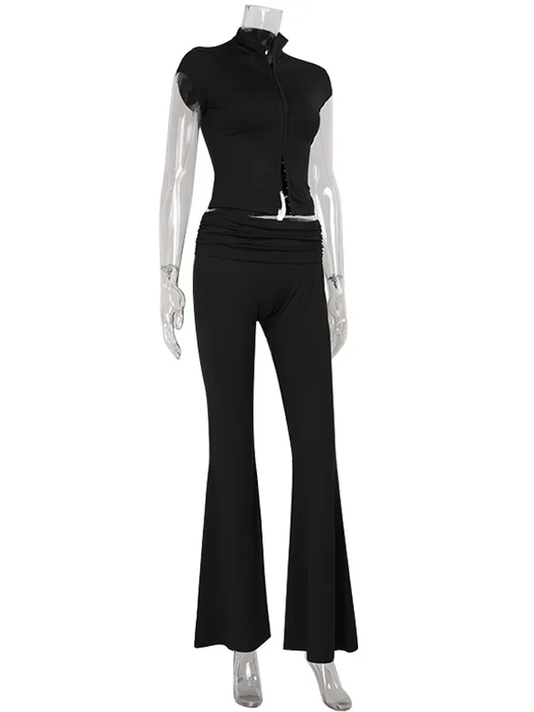 CNYISHE Women's Fashion Lace Buckle Half High Collar Short Sleeve Chic Tees and Sexy Pants Set - Trendy Solid Female Suits for a Stylish Look showcase 12