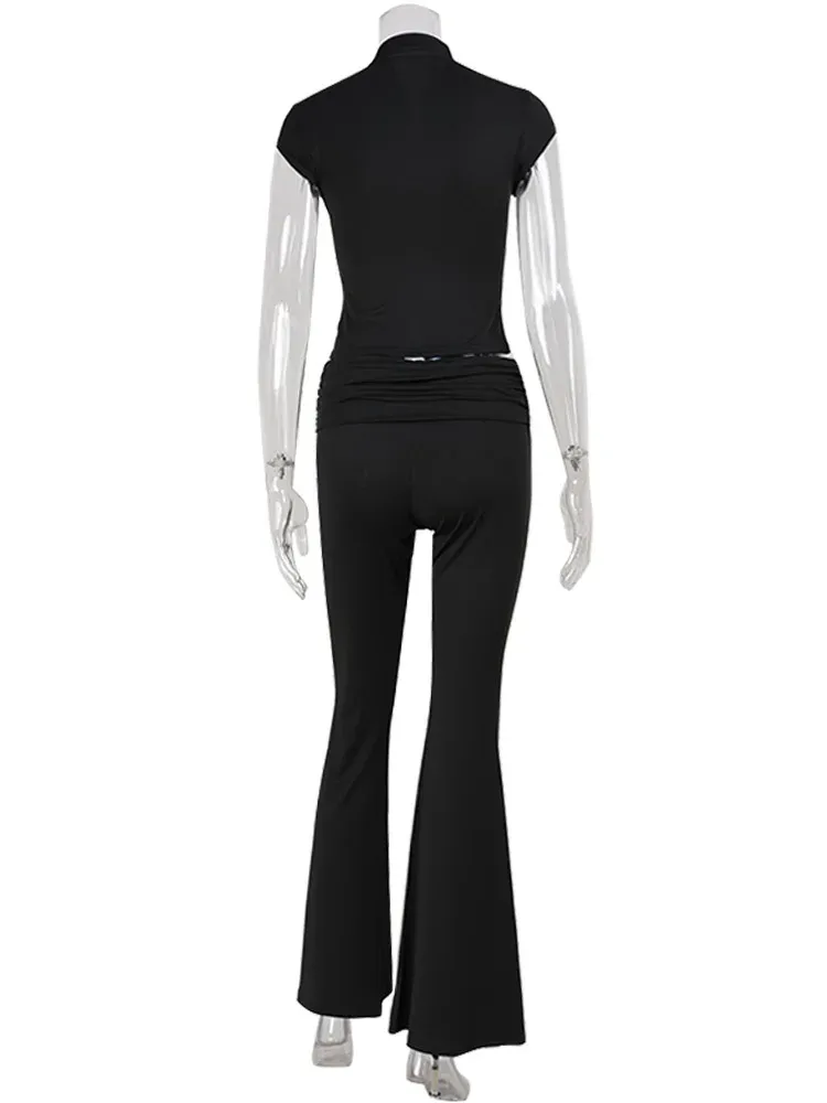 CNYISHE Women's Fashion Lace Buckle Half High Collar Short Sleeve Chic Tees and Sexy Pants Set - Trendy Solid Female Suits for a Stylish Look showcase 13