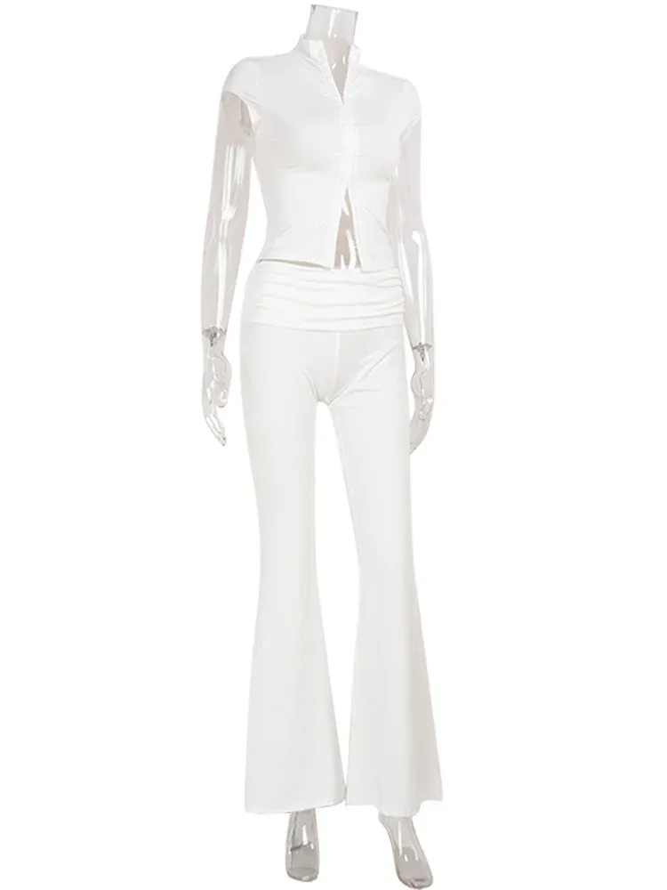 CNYISHE Women's Fashion Lace Buckle Half High Collar Short Sleeve Chic Tees and Sexy Pants Set - Trendy Solid Female Suits for a Stylish Look showcase 15