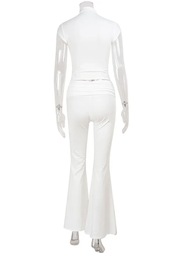 CNYISHE Women's Fashion Lace Buckle Half High Collar Short Sleeve Chic Tees and Sexy Pants Set - Trendy Solid Female Suits for a Stylish Look showcase 16