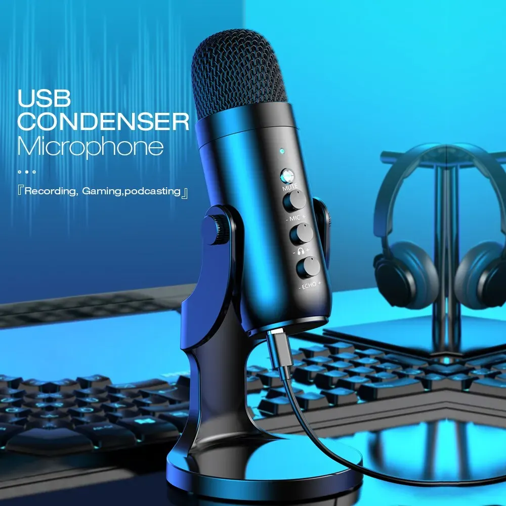 Haomuren USB Condenser Microphone for PC Mac Gaming Recording Stream Podcast, Professional Studio Mic with Phone Adapter, Headphone Output, Noise Cancelling, Plug and Play - Image 1