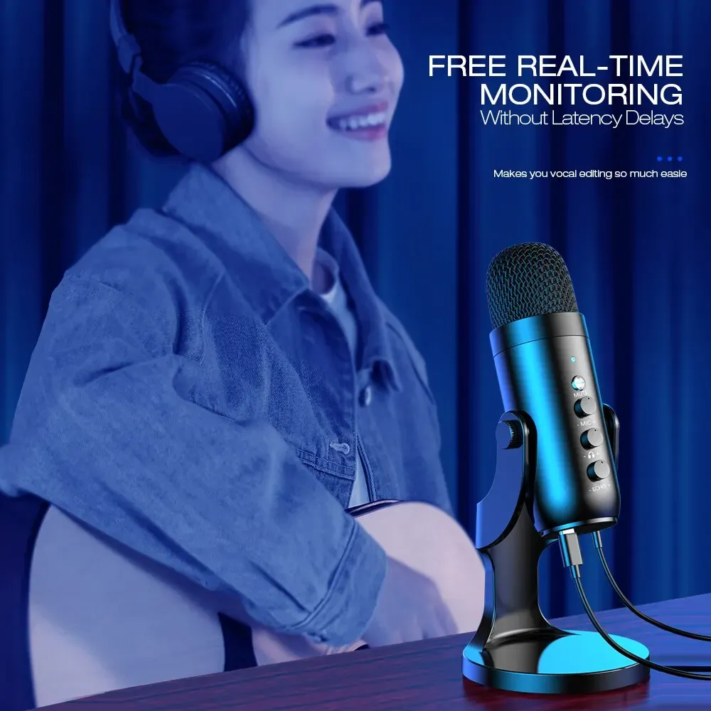 Haomuren USB Condenser Microphone for PC Mac Gaming Recording Stream Podcast, Professional Studio Mic with Phone Adapter, Headphone Output, Noise Cancelling, Plug and Play - Image 3