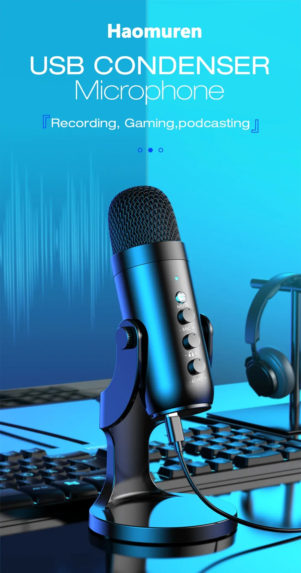 Haomuren USB Condenser Microphone for PC Mac Gaming Recording Stream Podcast, Professional Studio Mic with Phone Adapter, Headphone Output, Noise Cancelling, Plug and Play showcase 1