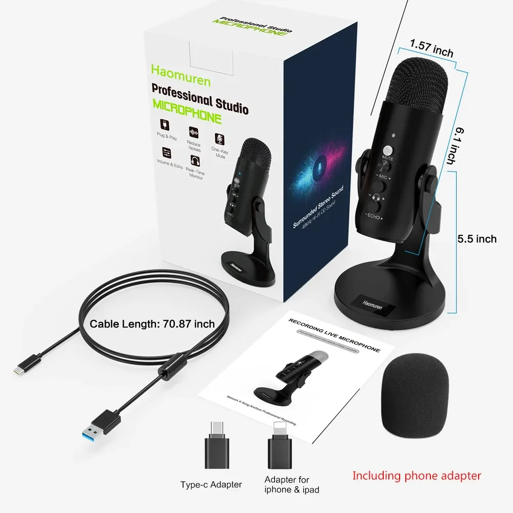 Haomuren USB Condenser Microphone for PC Mac Gaming Recording Stream Podcast, Professional Studio Mic with Phone Adapter, Headphone Output, Noise Cancelling, Plug and Play showcase 7