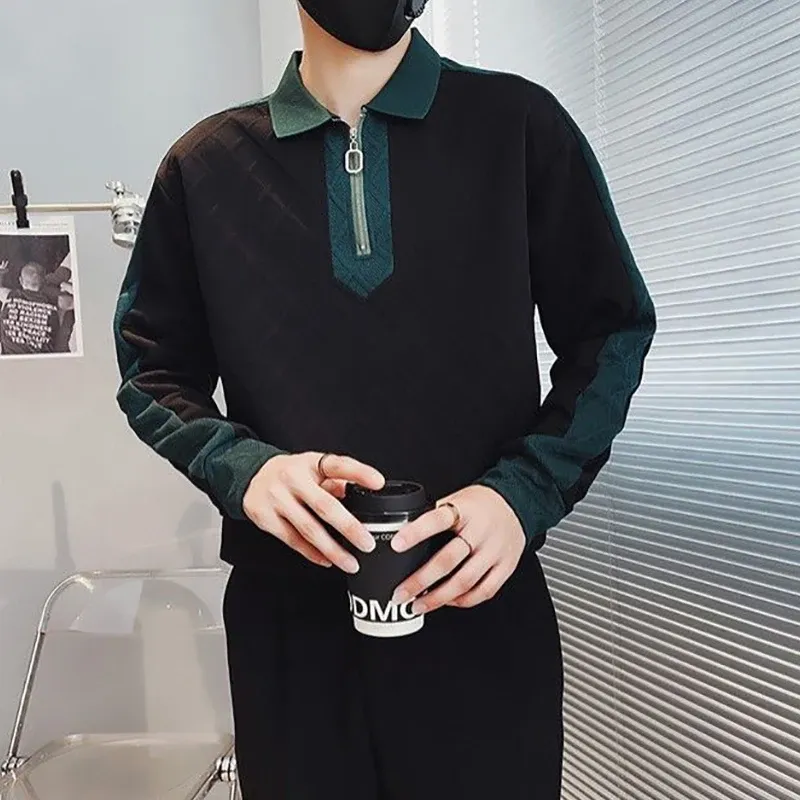 Men's Autumn Winter Argyle Plaid Polo Sweatshirt Long Sleeve Zipper Business Casual Oversized Pullover thumbnail 6