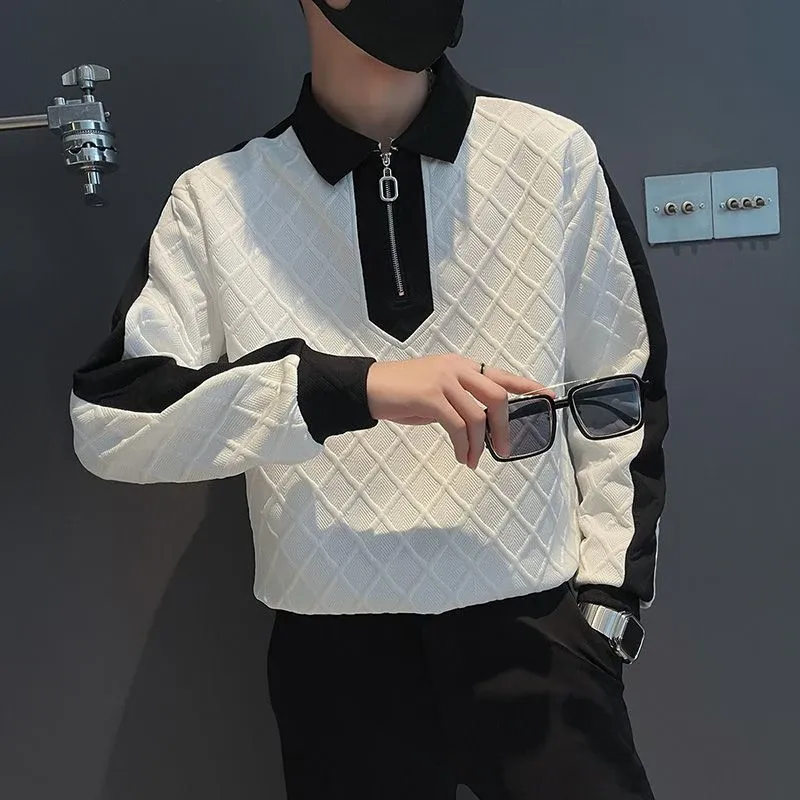 Men's Autumn Winter Argyle Plaid Polo Sweatshirt Long Sleeve Zipper Business Casual Oversized Pullover showcase 3
