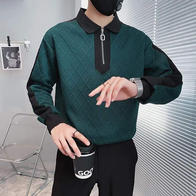 Men's Autumn Winter Argyle Plaid Polo Sweatshirt Long Sleeve Zipper Business Casual Oversized Pullover showcase 7