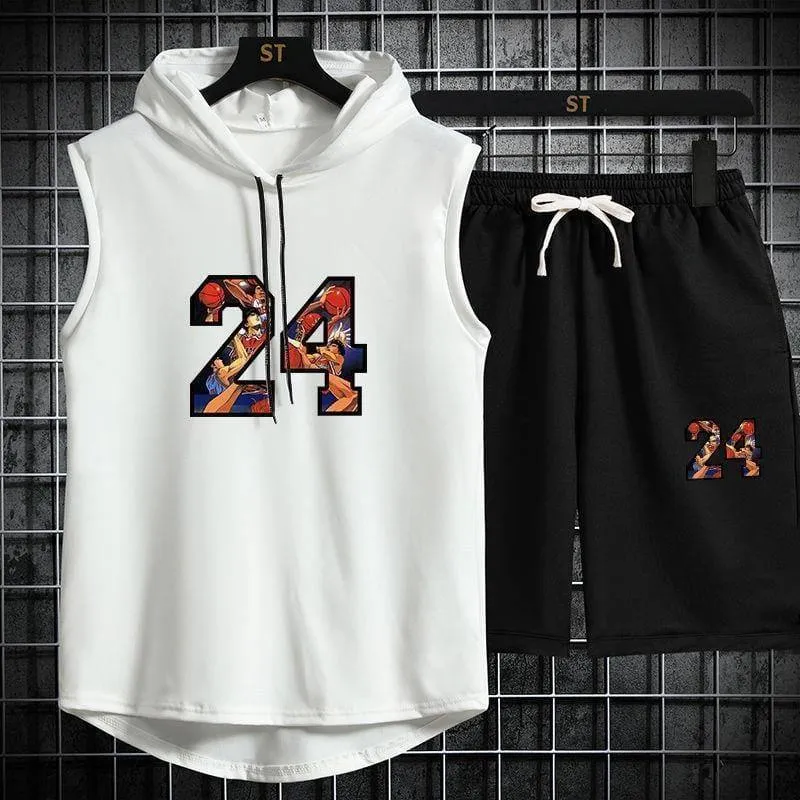 Men’s Summer Sports Fitness Basketball Sleeveless Hoodie and Shorts Two Piece Athletic Set thumbnail 1