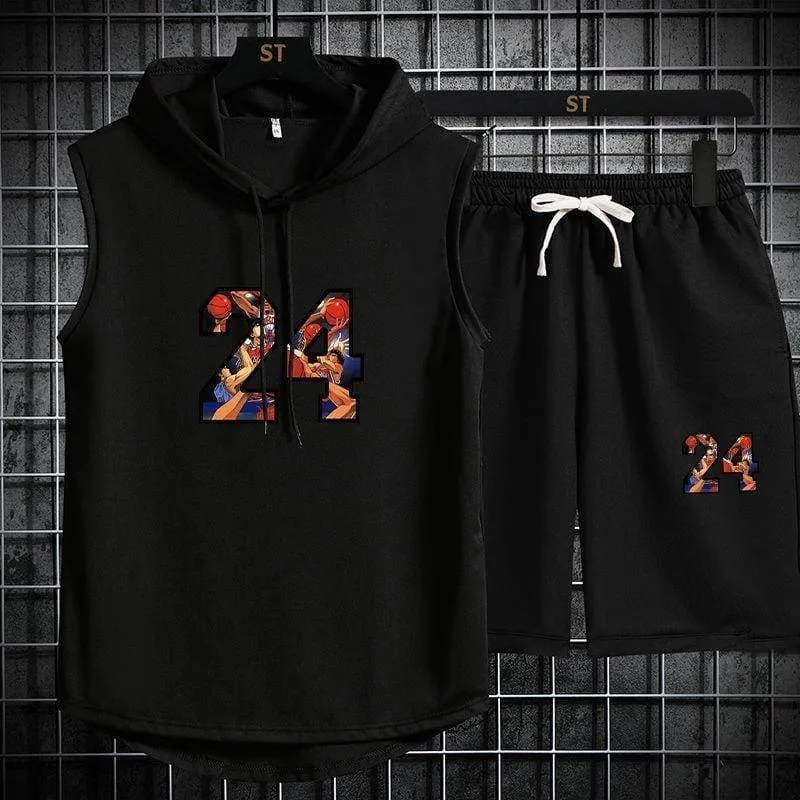 Men’s Summer Sports Fitness Basketball Sleeveless Hoodie and Shorts Two Piece Athletic Set thumbnail 2