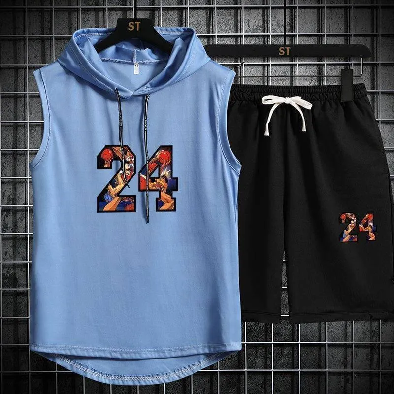 Men’s Summer Sports Fitness Basketball Sleeveless Hoodie and Shorts Two Piece Athletic Set thumbnail 4