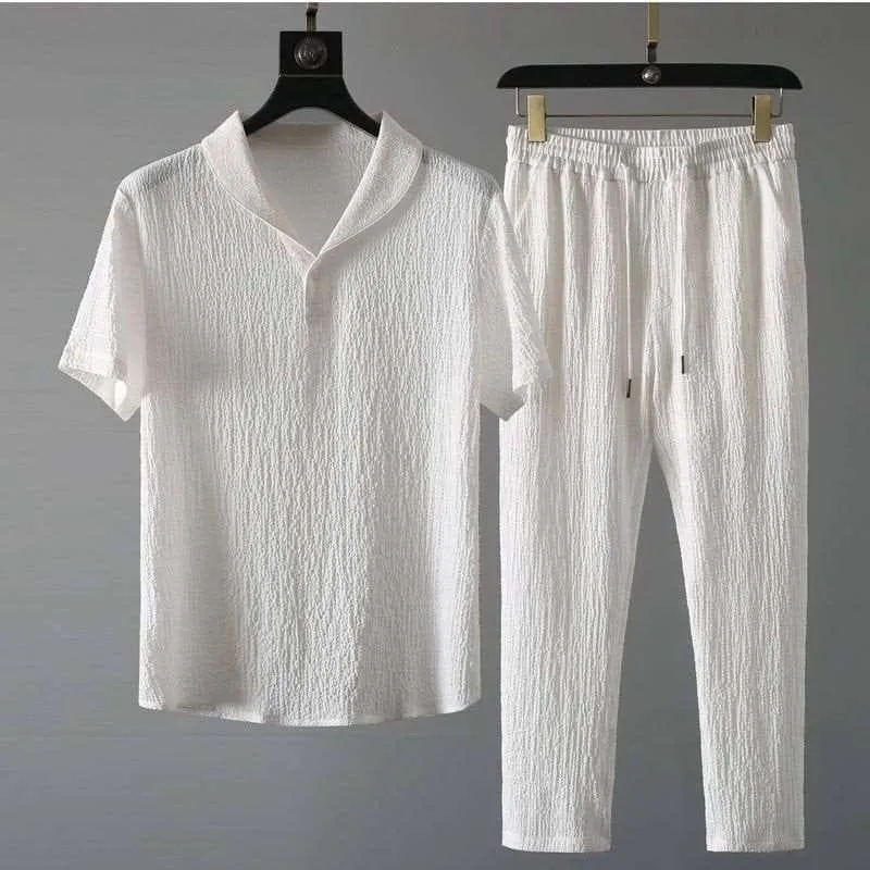 Unisex Two Piece Summer Textured Short Sleeve Shirt and Matching Trousers Set thumbnail 1