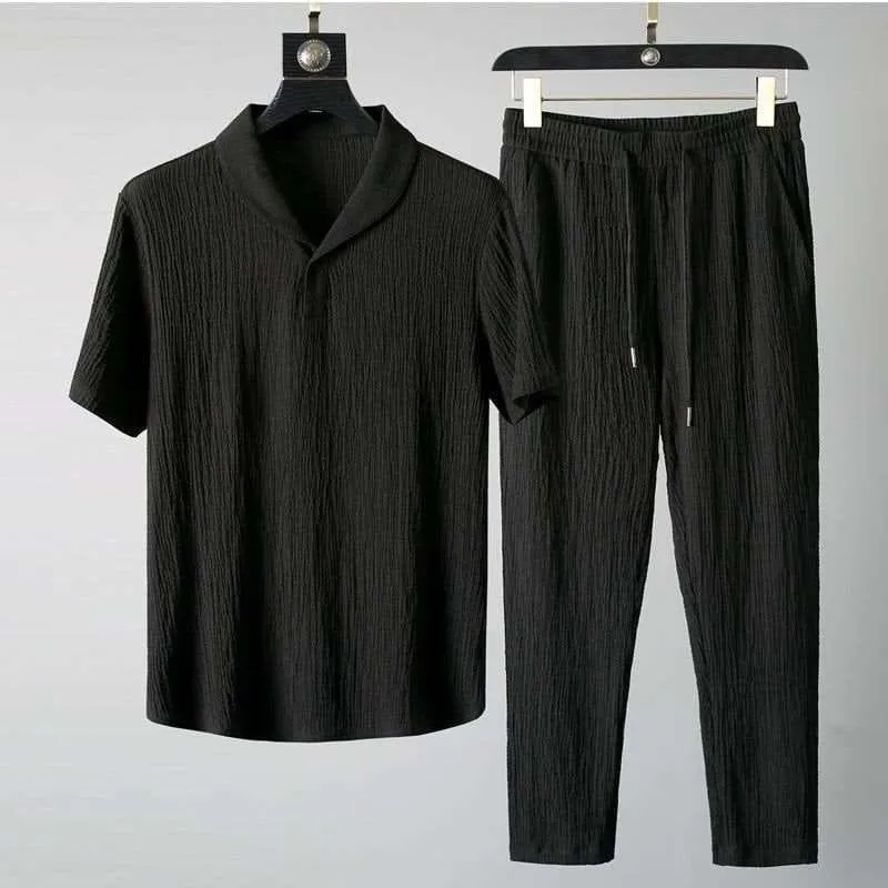 Unisex Two Piece Summer Textured Short Sleeve Shirt and Matching Trousers Set thumbnail 2