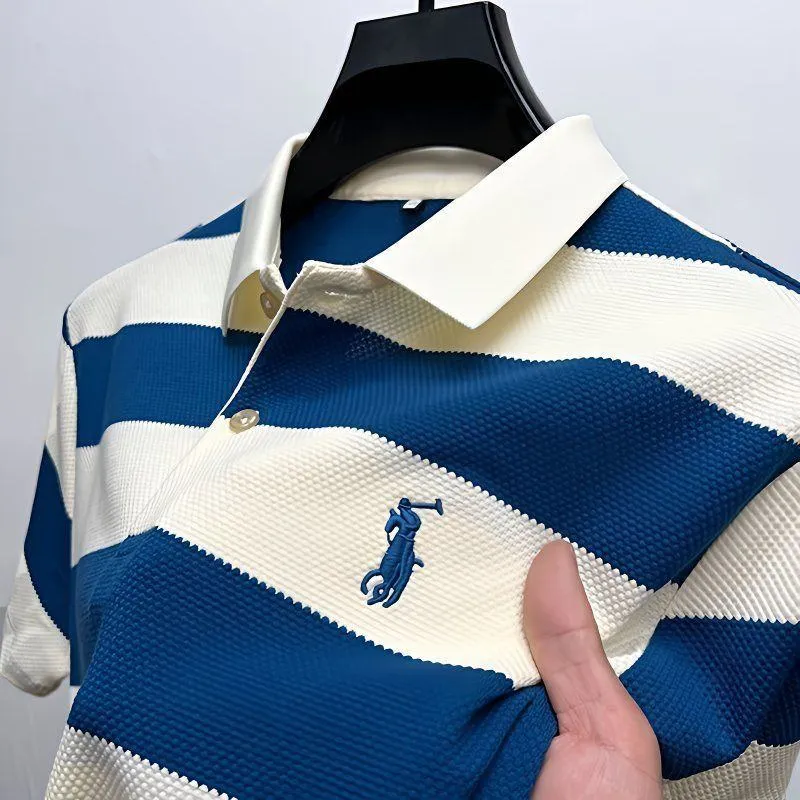 Men’s Striped Polo Shirt Textured Knit Fabric with Structured Collar Classic Casual Tee thumbnail 1