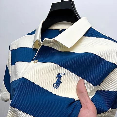 Men’s Striped Polo Shirt Textured Knit Fabric with Structured Collar Classic Casual Tee