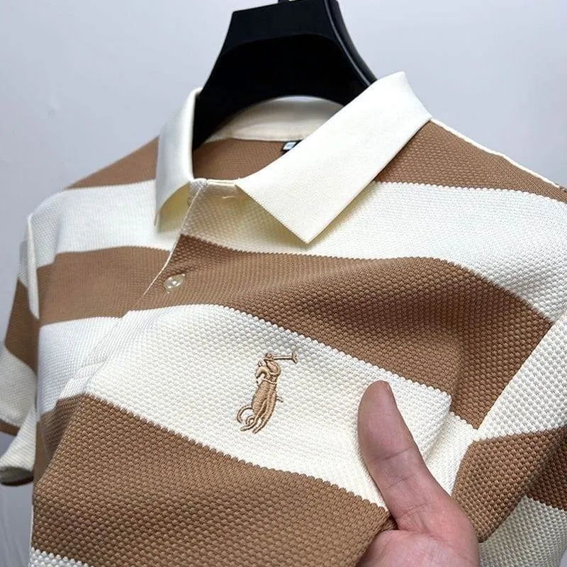 Men’s Striped Polo Shirt Textured Knit Fabric with Structured Collar Classic Casual Tee thumbnail 2