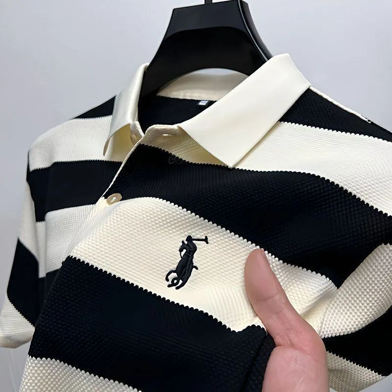 Men’s Striped Polo Shirt Textured Knit Fabric with Structured Collar Classic Casual Tee thumbnail 3