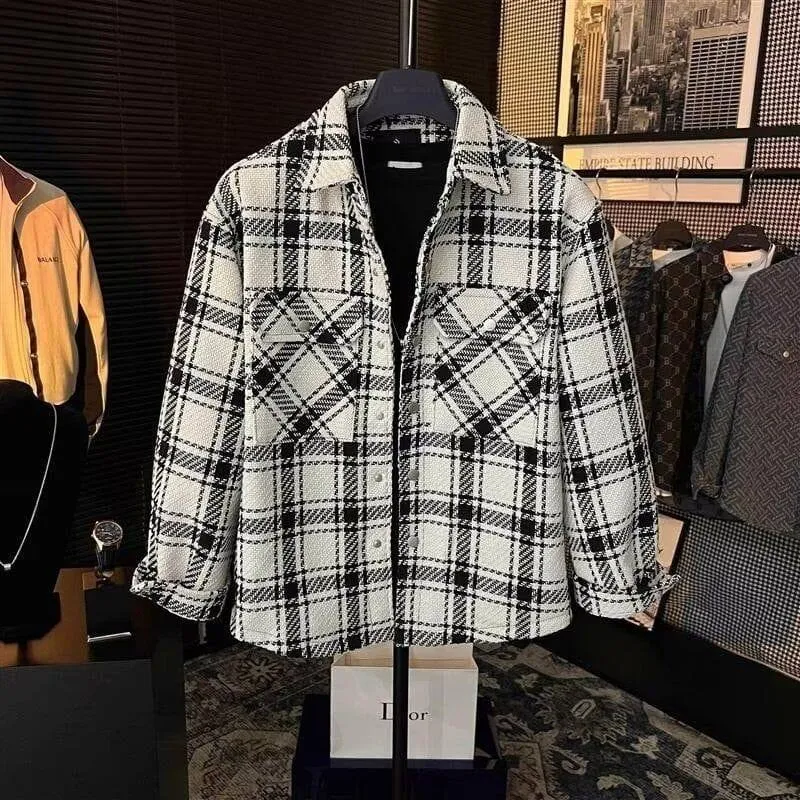 Men’s Black and White Plaid Flannel Shirt Jacket Korean Street Style Casual Outerwear thumbnail 1