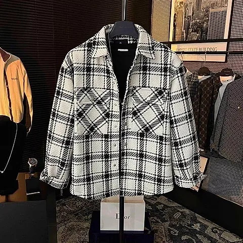 Men’s Black and White Plaid Flannel Shirt Jacket Korean Street Style Casual Outerwear
