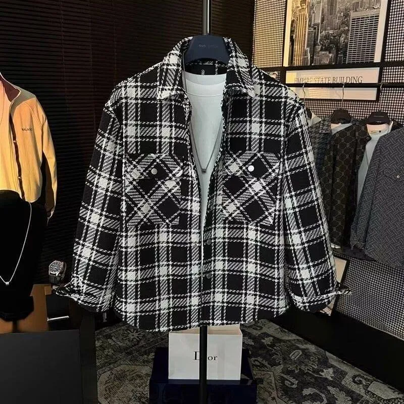 Men’s Black and White Plaid Flannel Shirt Jacket Korean Street Style Casual Outerwear thumbnail 2