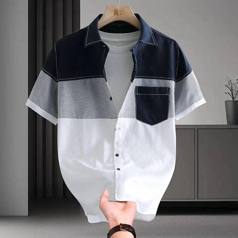 High Quality Men’s Stripe Patchwork Short Sleeve Shirt Premium Casual Button Up Top thumbnail 1